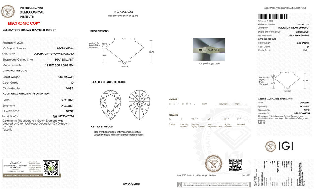 Pear Modified Brilliant Cut Lab-Grown Diamond – 3.0 ct, D Color, VVS1 Clarity – IGI Certified (Report #773647734)