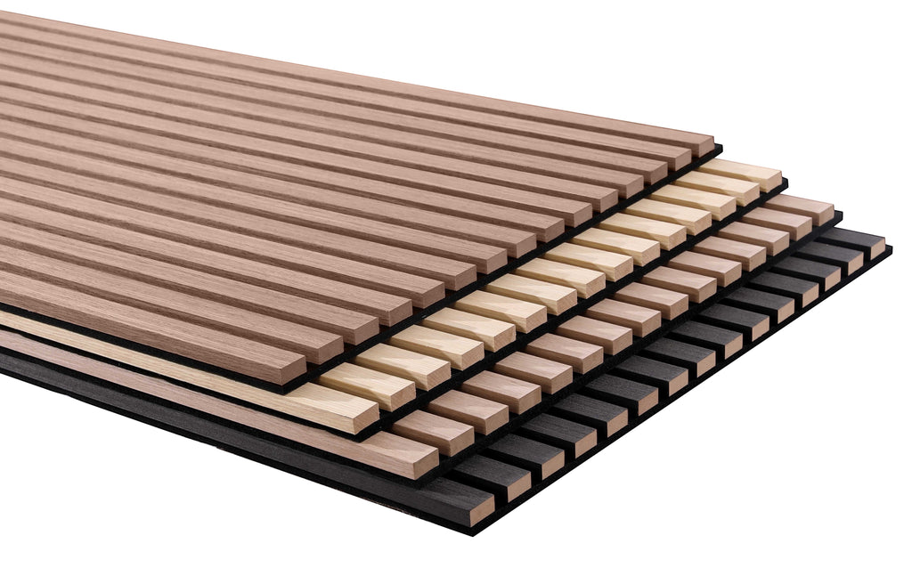 BoxUnboxed acoustic slat wood panels in oak, light wood, and black finishes with felt backing.