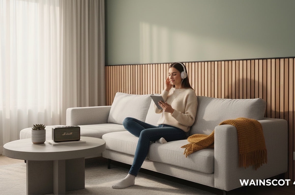 BoxUnboxed acoustic wood slat panels in a modern living room with a woman listening to music on a tablet.