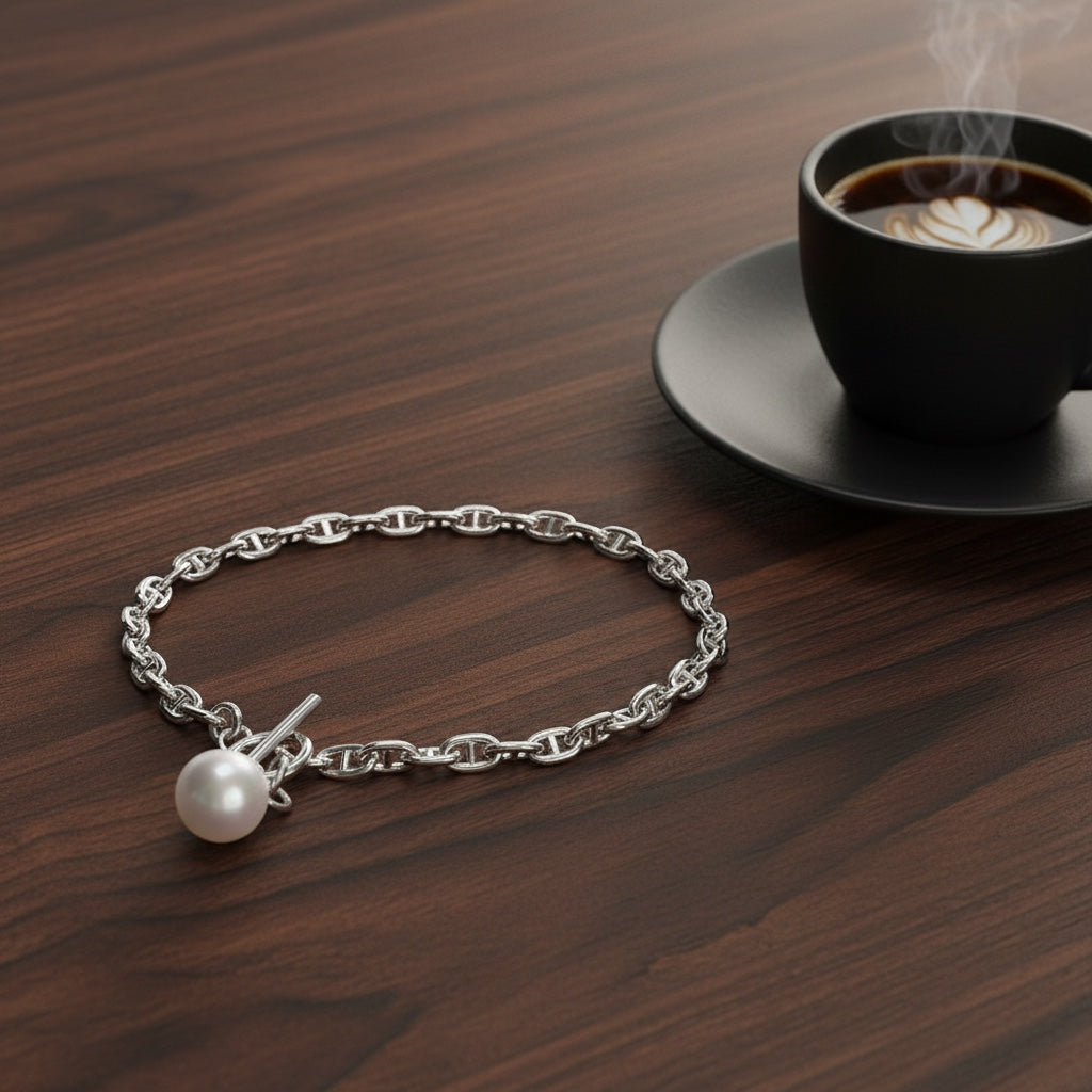 BoxUnboxed Maritime Anchor Link bracelet with toggle clasp and single freshwater pearl charm, crafted from 925 sterling silver.