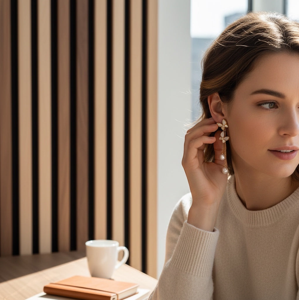 BoxUnboxed gold butterfly tassel earrings with freshwater pearls and shell wings, worn by a woman.