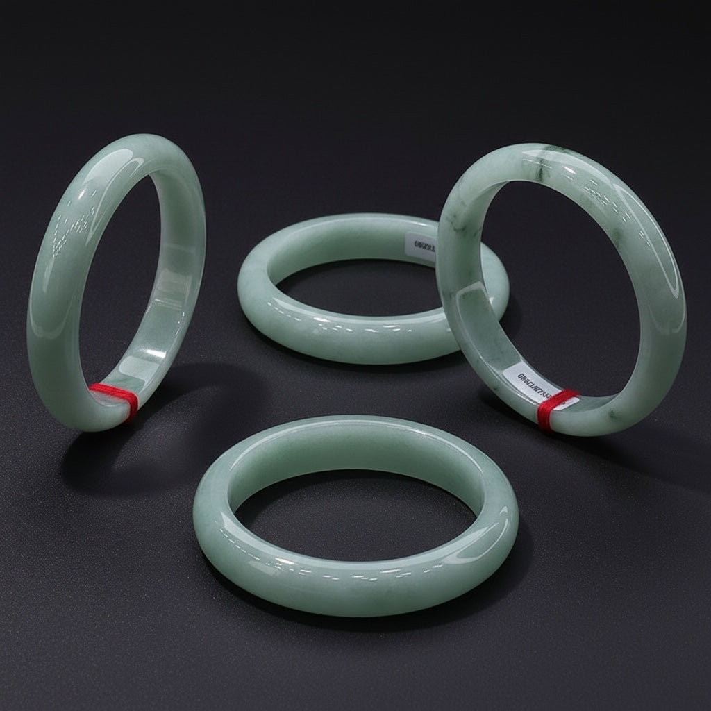 BoxUnboxed Sovereign Imperial Floating Green Jadeite Bangle, translucent with misty white and moss-green veins, smooth round profile.