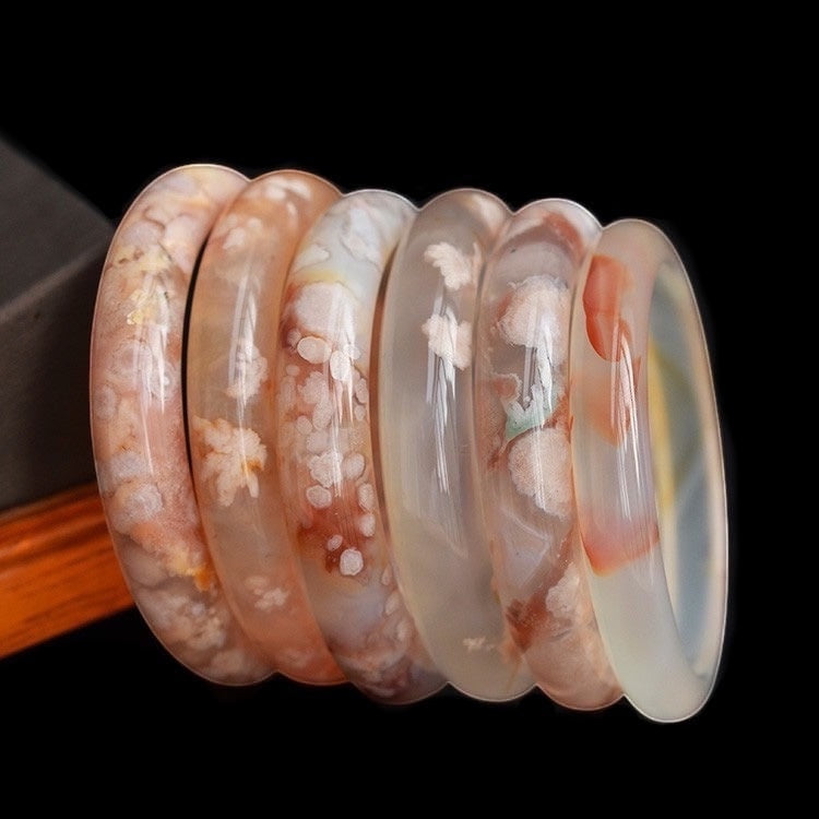 BoxUnboxed Natural Flower Agate Sakura Bangles with delicate pink floral inclusions and smooth polished finish.
